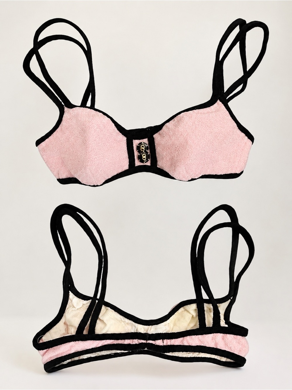 Vintage LA BLANCA Pink Terry Cloth Bouclé Swim Bikini Top Black Trim 8 XS S M